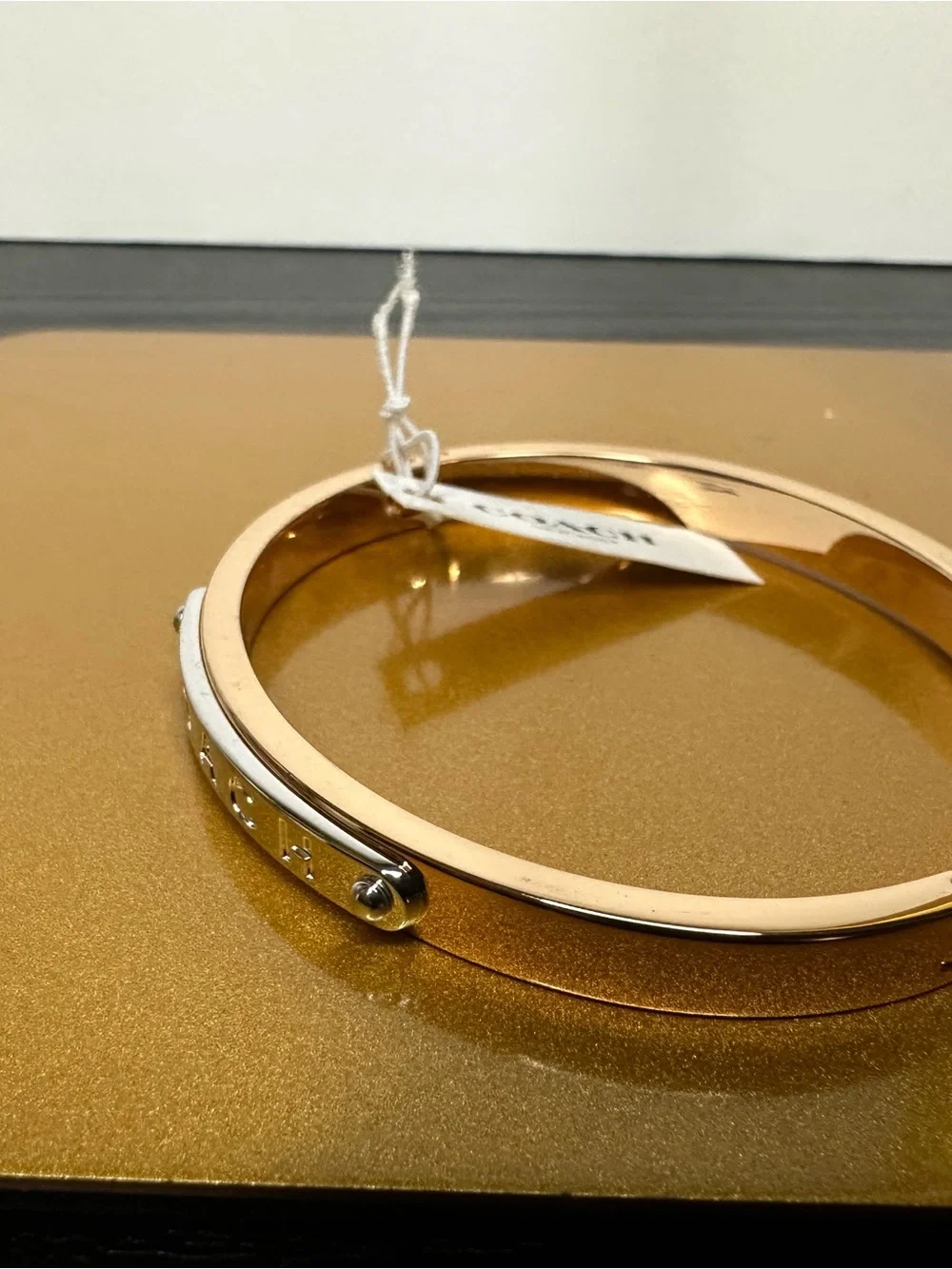 Coach F54565 Rose Gold and Silver Logo Plaque Bangle Bracelet - Picture 6 of 7